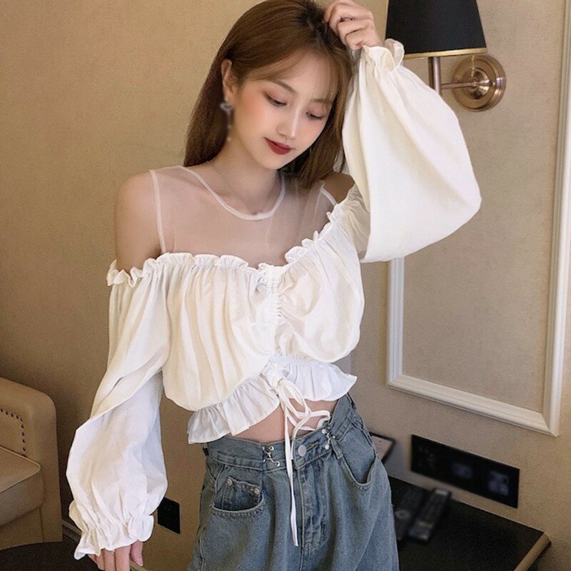 Efinny malha emenda chiffon blusa feminina moda coreana manga longa blusas sexy umbigo exposto camisa curta topos