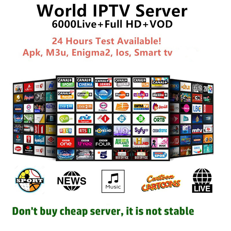 Vendita calda europa IPTV spagna svezia arabo greco portogallo M3U elenco Smart TV germania olandese belgio Canada US 24 ore test gratuito