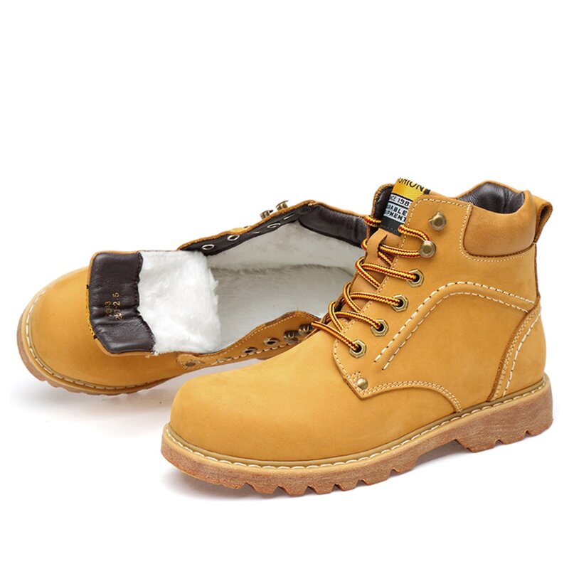 Sepatu Bot Martin Kulit Kelas Atas Pria, Sepatu Bot Bengkel Tahan Aus Antiselip Luar Ruangan, Sepatu High-Top Musim Dingin dengan Bulu Domba dan Kehangatan