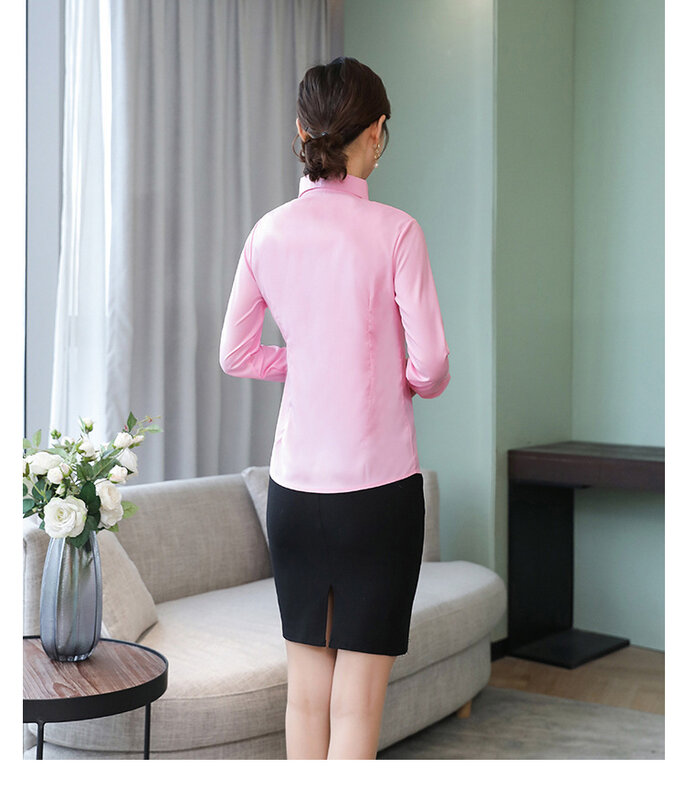 Moda coreana escritório senhora botão até camisa chiffon mulher blusas topos e blusas de manga longa camisa das senhoras rosa camisas de mujer
