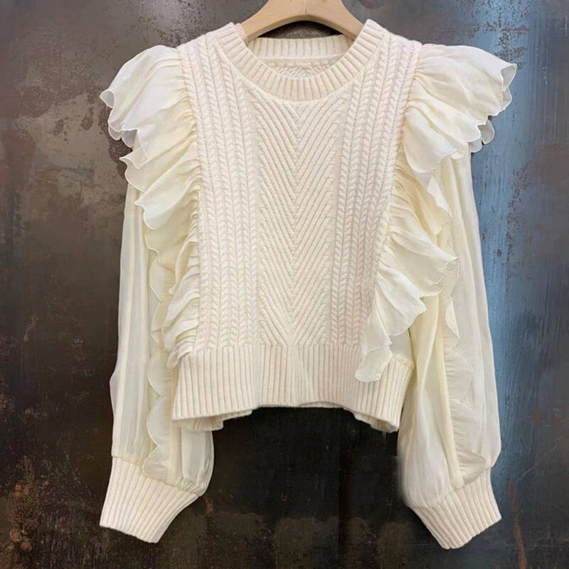 2021 camisola feminina moda babados malha retalhos doce manga longa sólido retro elástico feminino roupas de malha inverno blusas