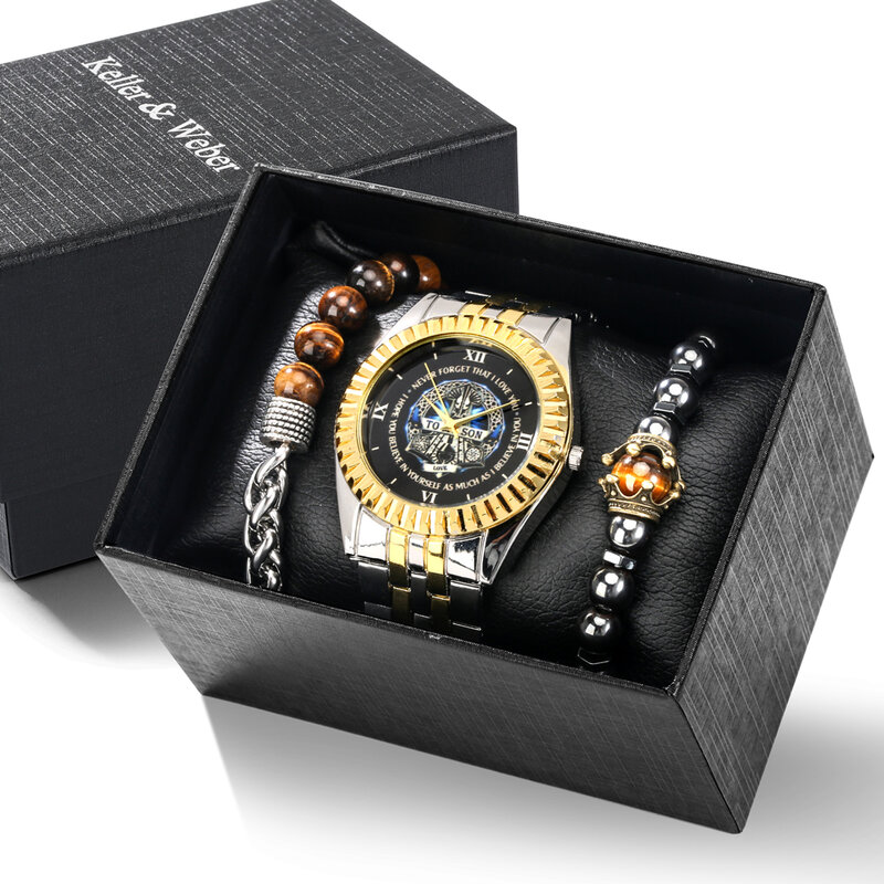 Para o meu filho personalidade banda de aço inoxidável relógios de quartzo pulseira presente conjunto casual negócio luxo relógio de pulso presente para homem menino