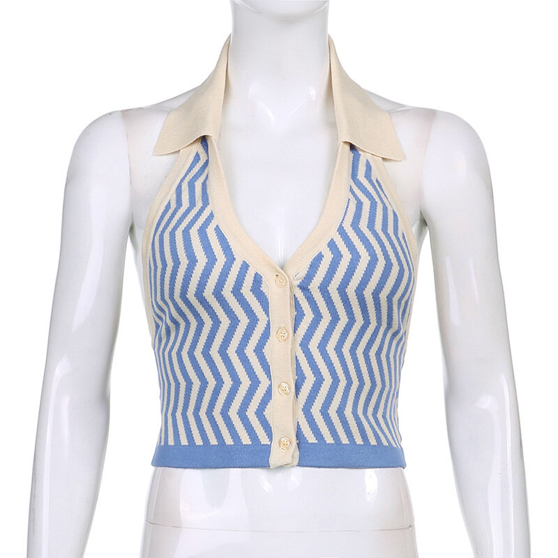 Retro stripe knitted jacket, women's sling, single button sleeveless aesthetic clothing, fashion Y2K, blue top  y2k top