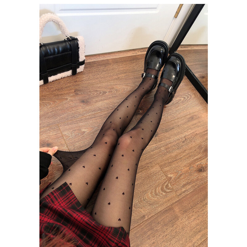 Meias de meia-calça transparente preto ultra-fino malha amor bordado feminino meninas elástico magro pernas meias de peixe net