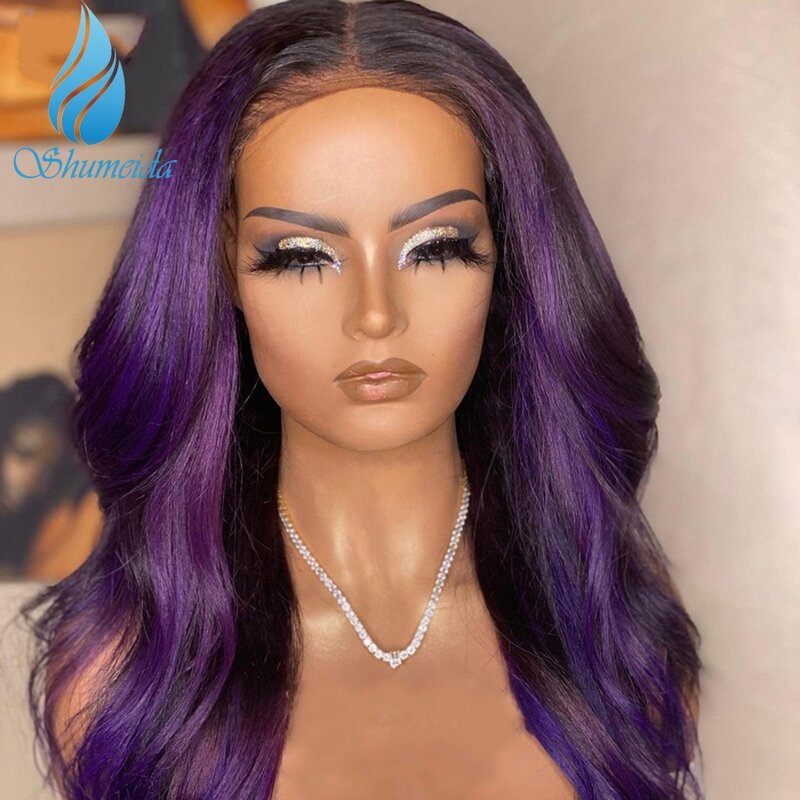 Perruque Lace Front Wig sans colle péruvienne Remy – SMD, cheveux naturels, Body Wave, couleur violette, 13*6, avec Baby Hair, densité 150%