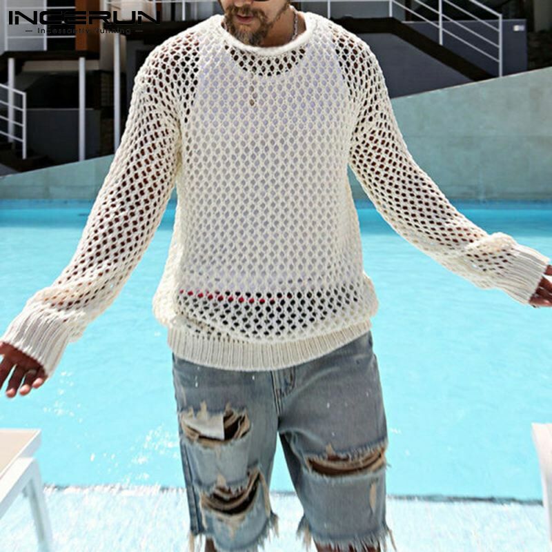 Nowa męska siatkowa koszulka z długim rękawem seksowna rozrywka 2022 stylowa odzież męska Streetwear solidny kolor koszule S-5XL INCERUN