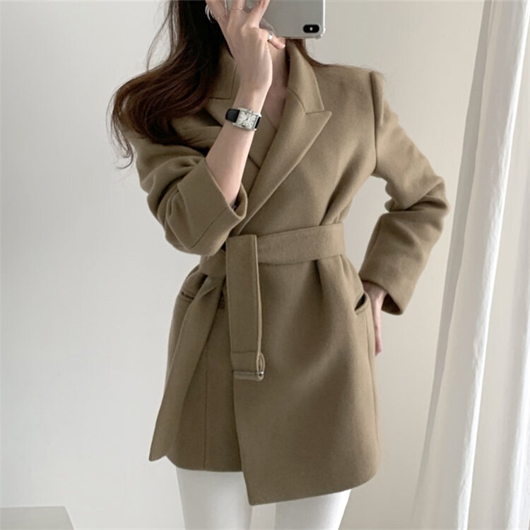 Colorfaith New 2021 Winter Spring Women Blazers Woolen Formal Jackets Outerwear Lace Up Office Lady Wild No Quilted Tops JK1803