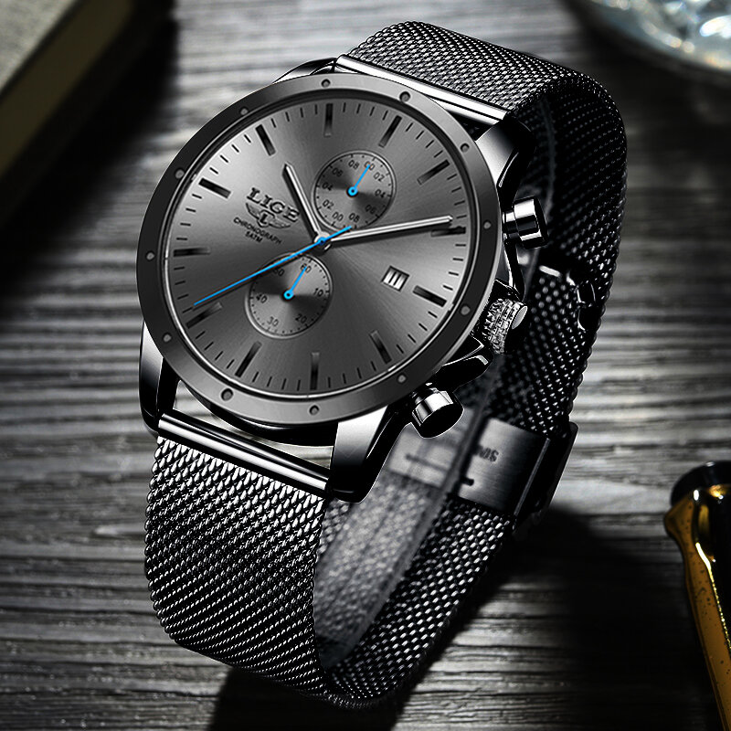 Lige relógio masculino de quartzo, relógio esportivo de aço inoxidável à prova d'água com cronógrafo