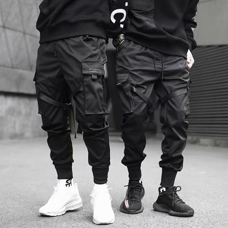 Pantalones Cargo con bolsillos y cintas de Color negro para hombre, chándal Harajuku, Hip Hop, holgados, de ocio
