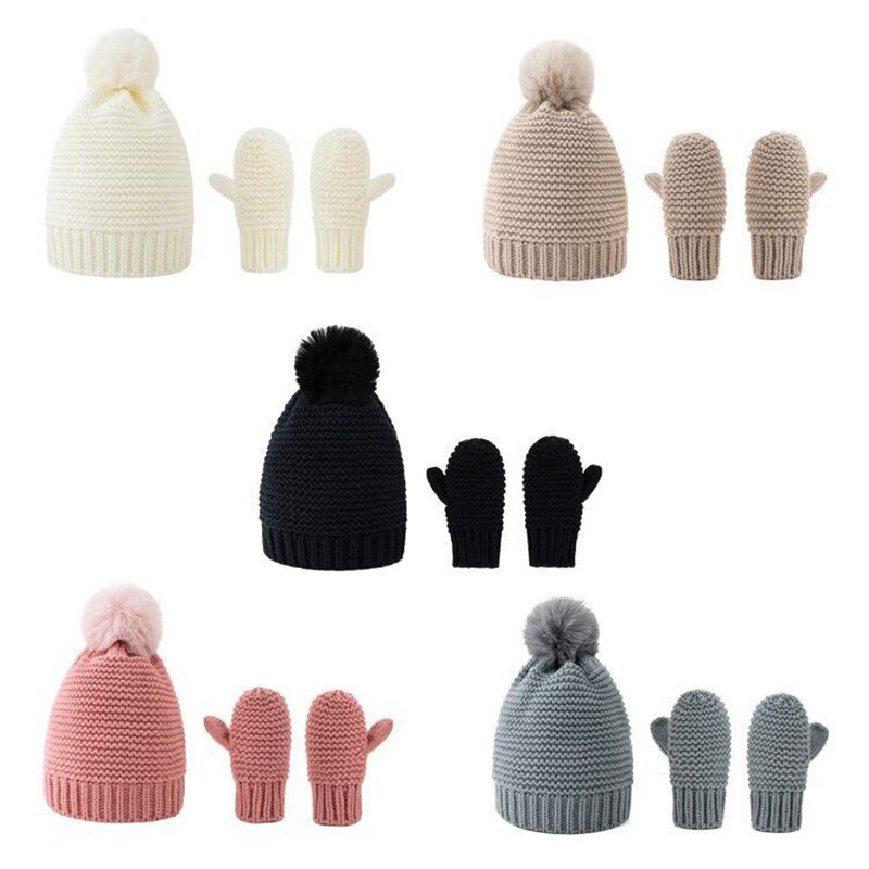 Conjunto de dos piezas de gorro y guantes de bola esponjosos para niños, gorros de lana de punto cálidos a la moda, accesorios para fotos