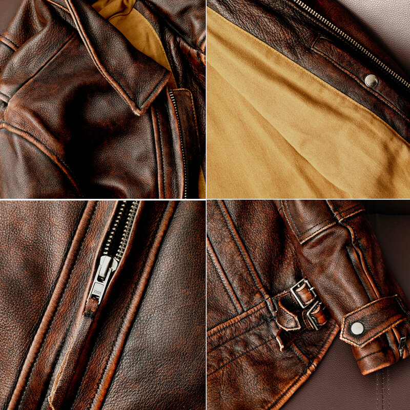 2020 New style genuine Leather jacket Vintage brown cowhide coat Men fashion biker jacket plus size sales Leather coat 19471
