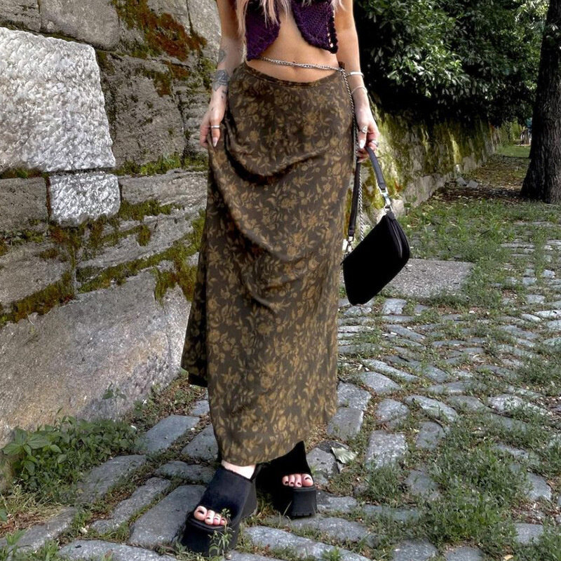 hirigin 90s Vintage Floral Print Kawaii y2k Midi Skirts Women Preppy Style Low Waist Fairycore Grunge Aesthetic Brown Long Skirt