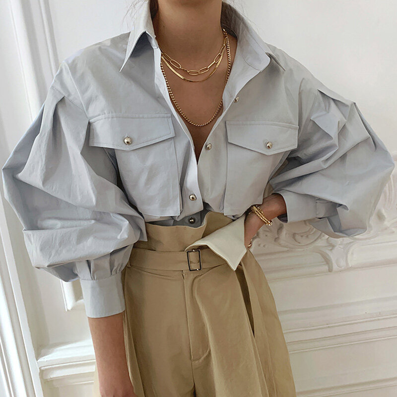 Chemise à manches longues bouffantes pour femme, haut à col rabattu, simple boutonnage, poches, élégant, décontracté, printemps 2021