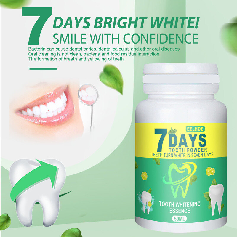 Poudre de blanchiment des dents en 7 jours, élimine la fumée jaune, le café, le thé, les taches, éclaircit les dents, haleine fraîche, hygiène buccale, outil de soins dentaires, 50g