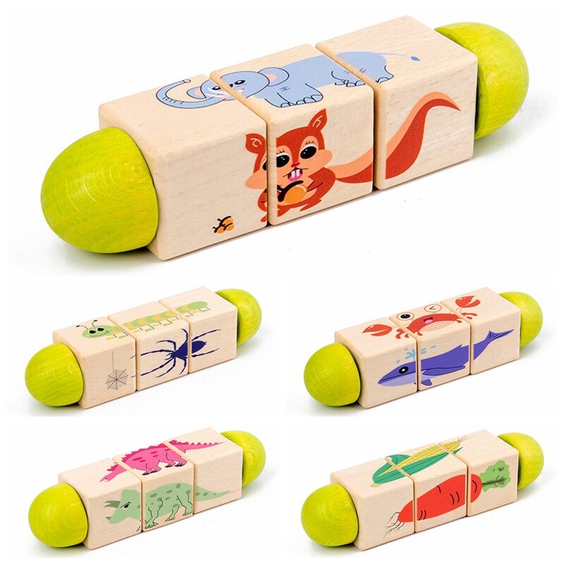 Quebra-cabeças animal rotativo de madeira, brinquedo quebra-cabeças para crianças de 0-7 anos, educação inicial, animal da memória