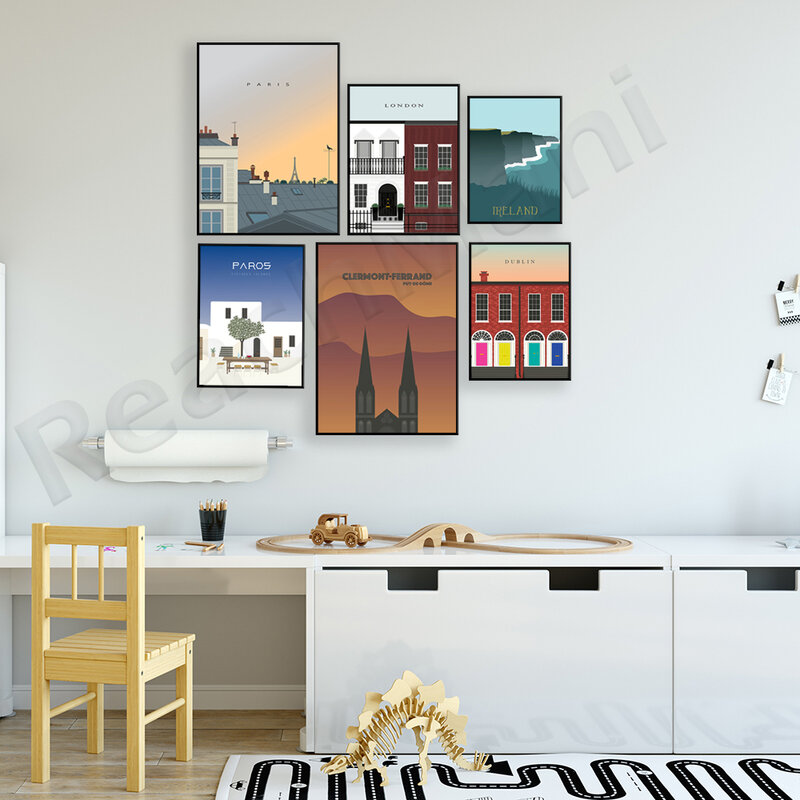 Dublin, Clermont-ferrand, Irlande, Paros, Paris, Londres minimaliste affiche graphique de conception de voyage impression décoration de la maison