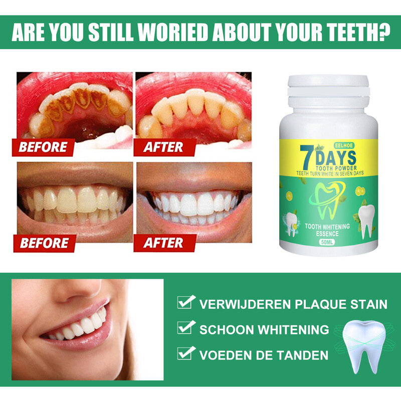 7วันฟัน Whitening Powder ลบสีเหลืองควันชากาแฟคราบสดใสฟัน Fresh Breath Oral Hygiene Dental Care เครื่องมือ50G