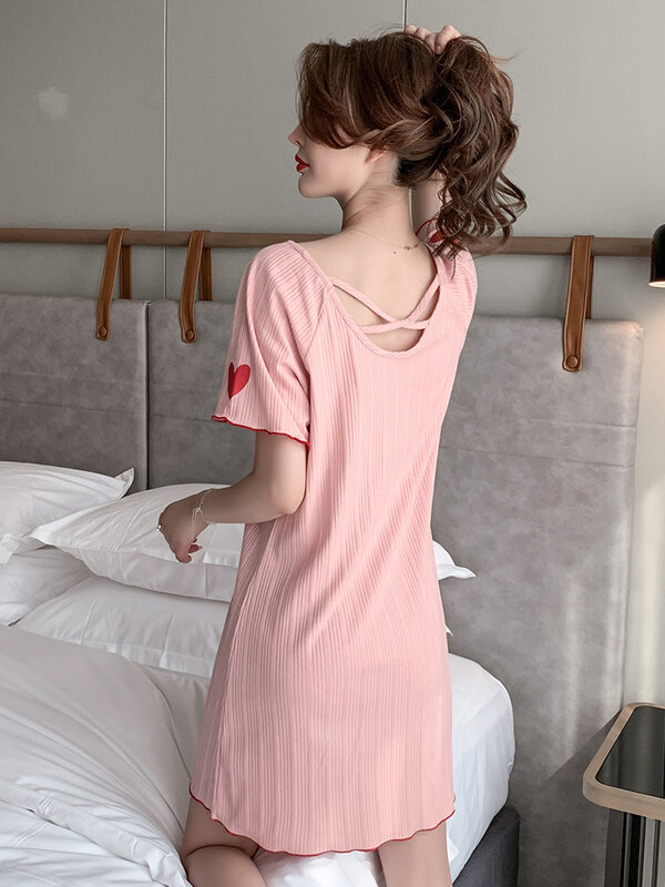 한국어 스타일 Nightdress 여성 여름 순수한 면화 얇은 섹시한 잠옷 여성 2021 새로운 귀여운 스위트 드레스