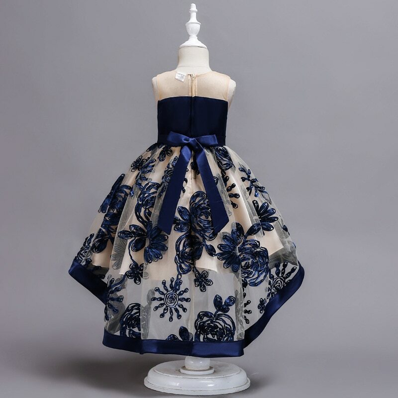 Flower Girls Dress Illusion Sleeveless Bow Lace Dark Blue Tulle Crystal O-Neck Knee-Length Luxury Kids Party Princess Gown F092
