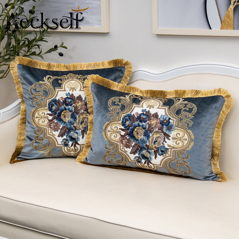 Aeckself Luxury Flower Rose Embroidery Velvet Cushion Cover Home Decor Navy Blue Gold Gray Brown White Throw Pillow Case