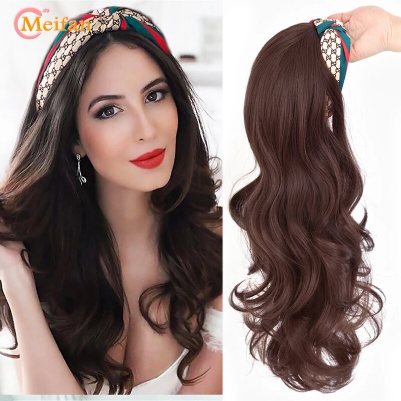 Meifan sintético longo em linha reta 3/4 cabeça u-parte bandana peruca clip-on extensão do cabelo invisível natural sem costura falso hairpiece