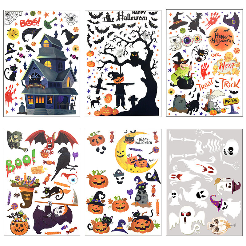Pegatina de Pvc de dibujos animados para decoración de Halloween, pegatina de ventana de vidrio con diseño de murciélago, calabaza, fantasma, calcomanías de pared para habitación de niños, decoración del hogar
