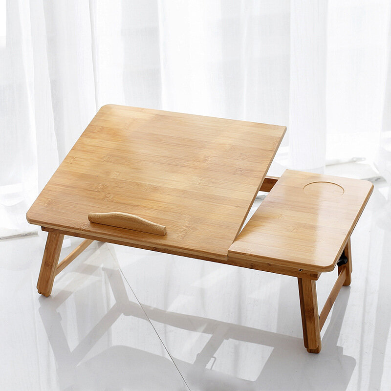 Подъемный столик для ноутбука из бамбука, складной поднос для сервировки завтрака, портативный прикроватный столик с регулируемыми ножкам...