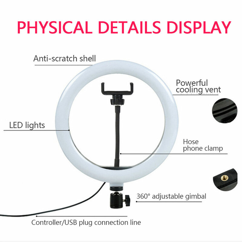 Iluminación de fotografía de Anillo de luz LED, luz de selfi regulable por USB, con trípode, para YouTube, estudio, maquillaje, vídeo en vivo