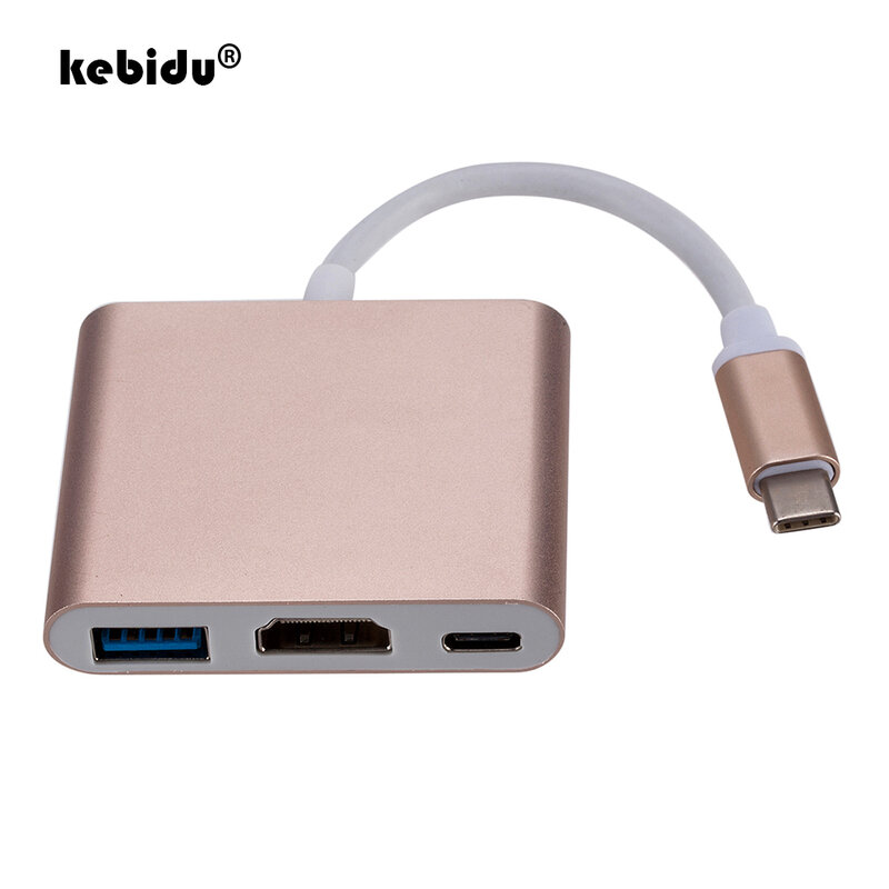 محول من kebidu نوع c إلى HDMI متوافق مع Usbc إلى HDMI متوافق/USB3.0/نوع C مهايئ من الألومنيوم من النوع C لـ Macbook