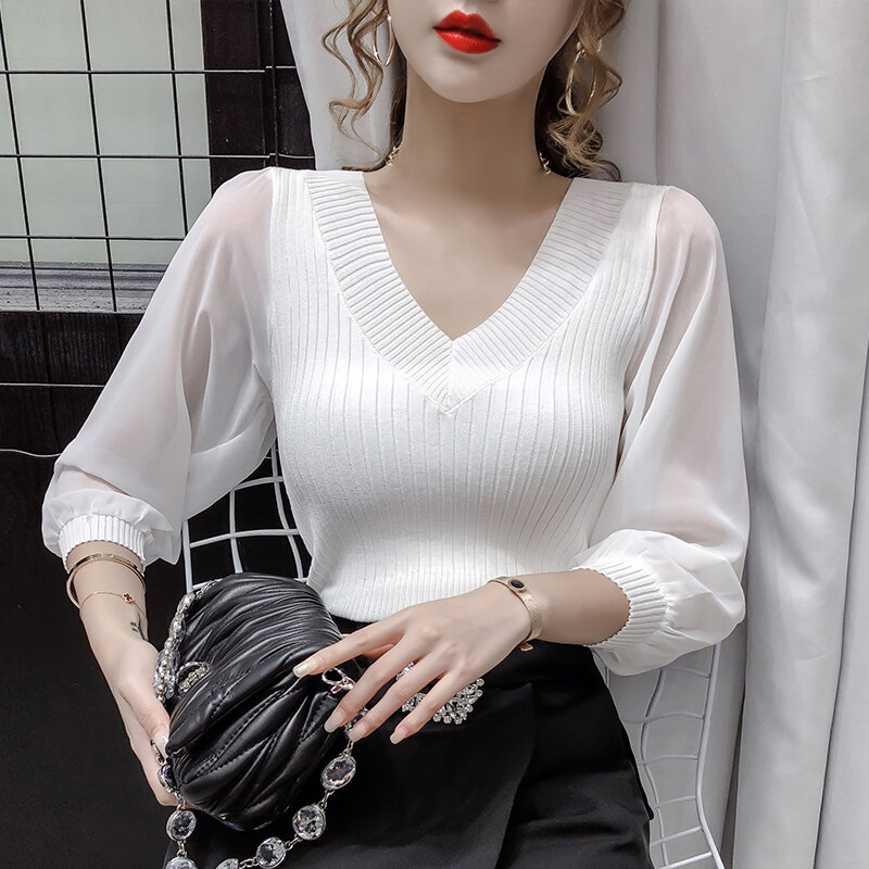 Duży rozmiar bufiaste rękawy lodowy jedwab długi t-shirt kobiety wiosna i jesień w nowym stylu koreański, slim z dekoltem w kształcie litery v wydłużony sweter top