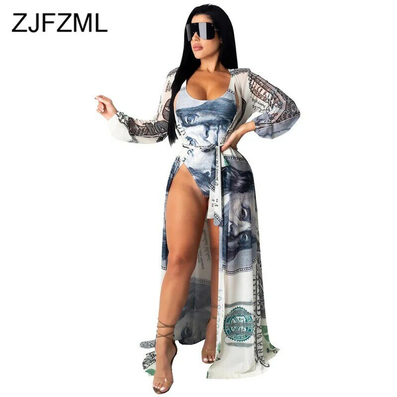 Dinheiro dólar impressão sexy conjunto de duas peças agasalho para as mulheres magro bodysuit e manga longa maxi cardigan verão praia clube outfit
