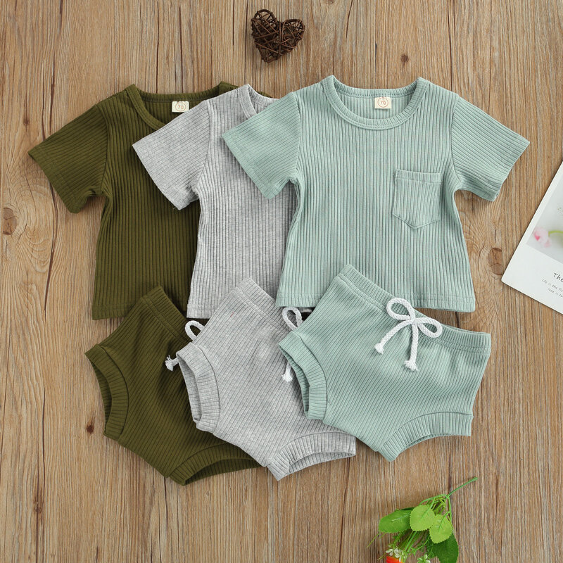 Holiday Baby Short Sleeve T-Shirts + Drawstring Shorts Casual Style with Pocket Decoration Elastic Waist Summer Clothing