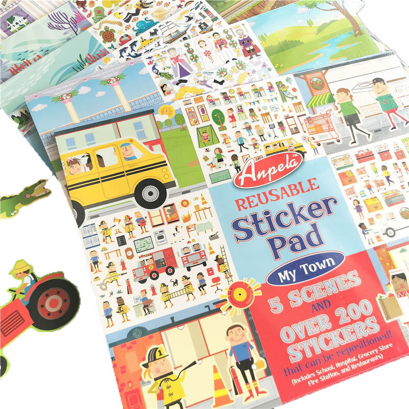 37*25cm Children Big Cartoon Reusable Sticker Pad include 5 Scences Kids Stickers Book Animals Vehicle Dress-up Sticker Gift