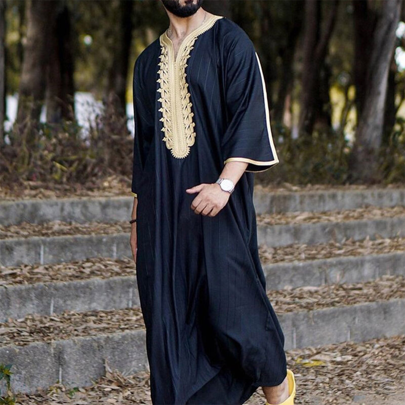 이슬람 남성 긴 소매 이슬람 아랍 셔츠 자수, v넥 아바야 Caftan 가운 L41B
