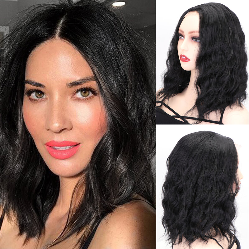 JUNSI Hair Short Black Lace Wig Natural Wave Bob Wig Middle Part Heat Resistant Wavy Synthetic Wigs for Women 14inches