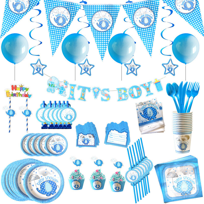 Gender Reveal Disposable Tableware Sets Boy 1st Birthday Party Decor Napkin Plate Cup Baby Shower Blue Elephant Party Supplies