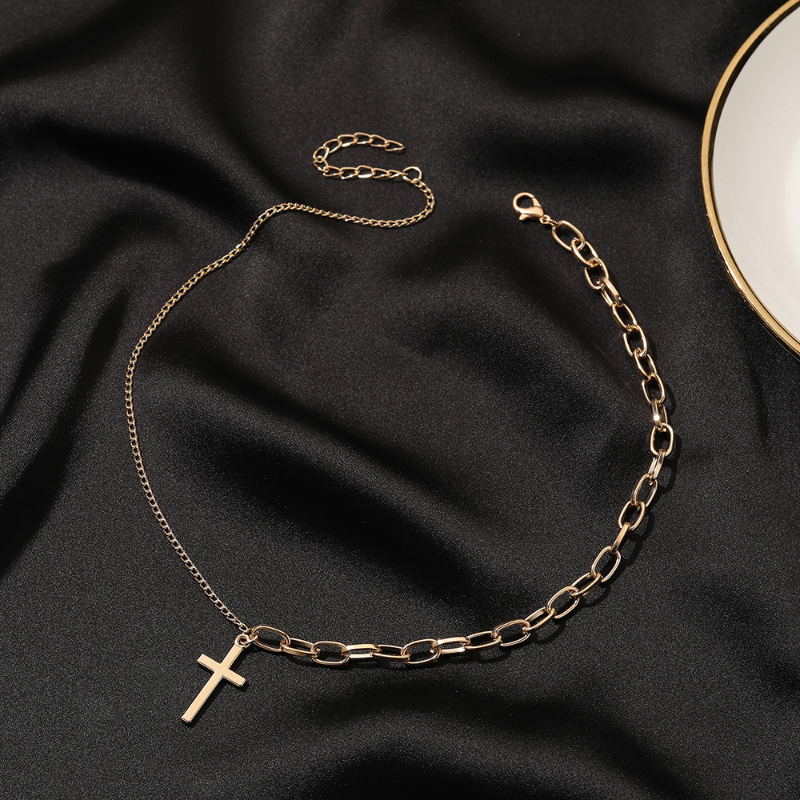 Simples clássico moda dupla face cruz antigo prata cor pingente menina curto longo corrente colares jóias para mulher