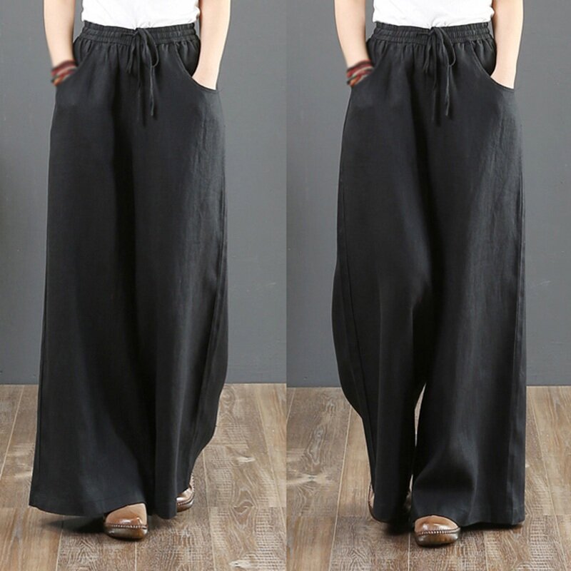 Pantalones holgados informales de algodón coreano y lino para mujer, pantalón de pierna ancha y cintura alta, cómodos, novedad de verano