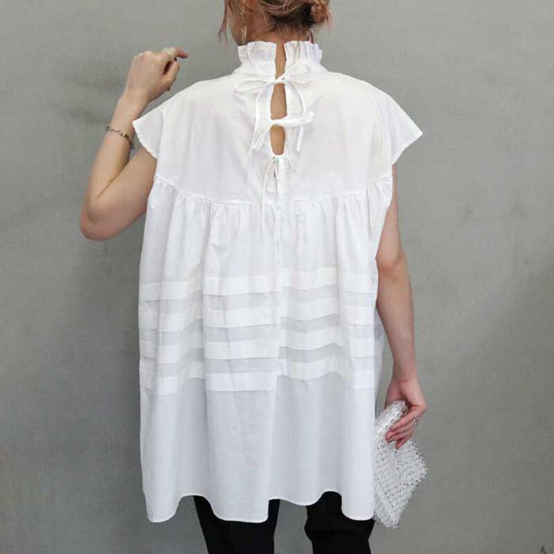 Vrouwen T-shirt Jong Meisje Vintage Zwart Wit Blouse Elegant Stand Kraag Oversized Tops Terug Tie Casual Lange Shirt Tee Lente