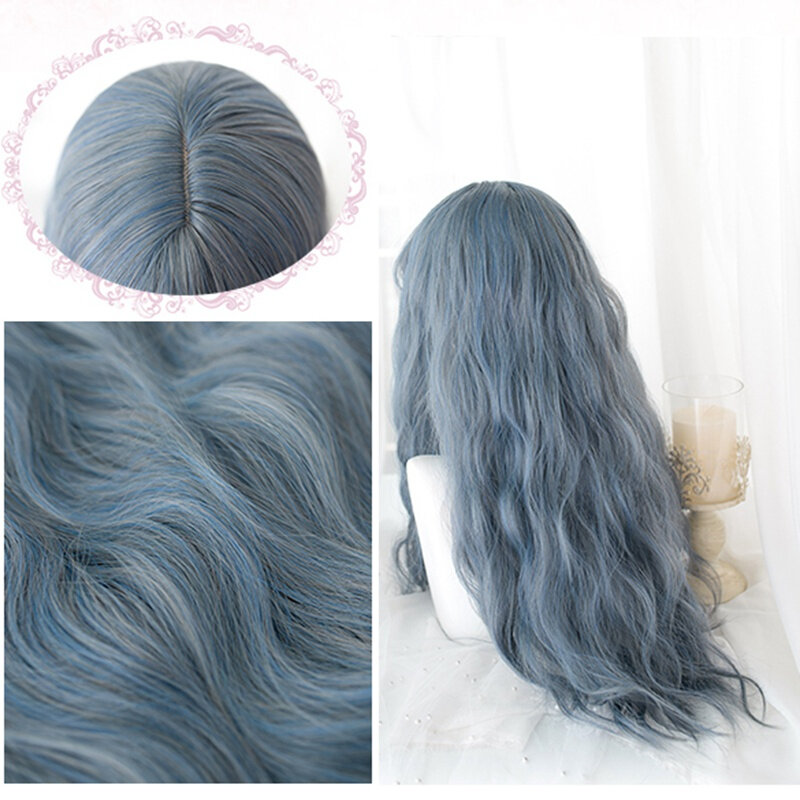 Lolita KC Blue Mix Grey Wigs Soft Girl Cosplay Harajuku Style Grey Blue Wavy Ombre High Temperature Fiber Bangs Curly Hair