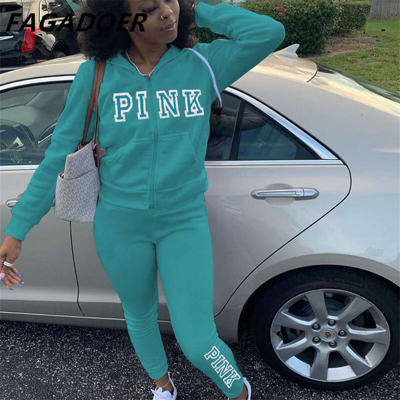2021 Casual Tracksuits Women Solid Two Piece Set Women Plus Size Pink Letter Embroidery Zipper Hoody Coat + Pants Sets Joggers