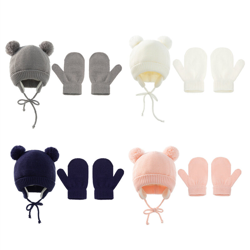2Pcs Baby Kids Girls Boys Winter Warm Knit Wool Hat Ear Solid Warm Cute Glove Lovely Beanie Cap with Hair Fuzzy Ball