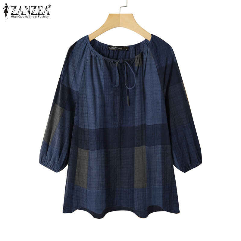 Moda damska bluzka w szkocką kratę ponadgabarytowa ZANZEA 2021 wiosna jesień bandaż 3/4 rękaw bluzki Casual-line Blusa Femininas Streetwear