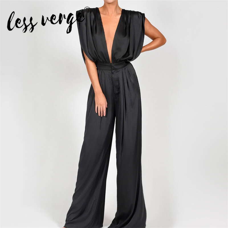 Lessverge Women Jumpsuit Solid Color Chiffon Silk Luxury Style Deep V-neck Sleeve Top Full-Length Casual OL Jumpsuit