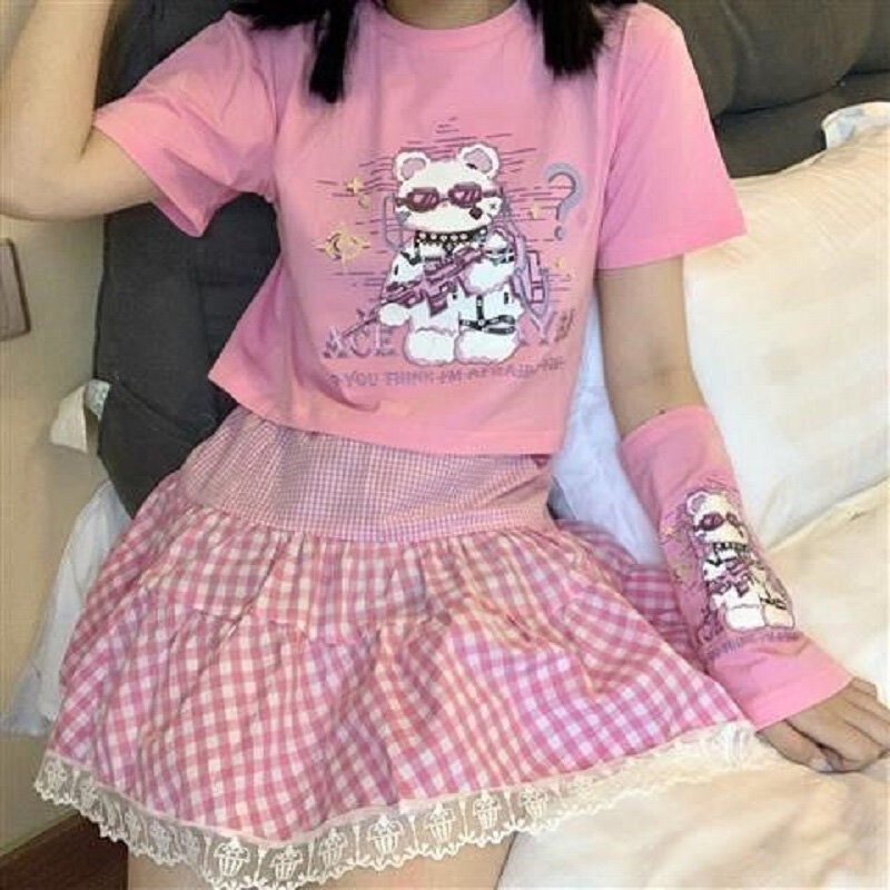 Sommer Süße Nette Rosa Rock Weibliche Koreanische Harajuku Y2k Spitze Plaid Tutu Röcke Japanischen Adrette Weiche Mädchen Hohe Taille rock