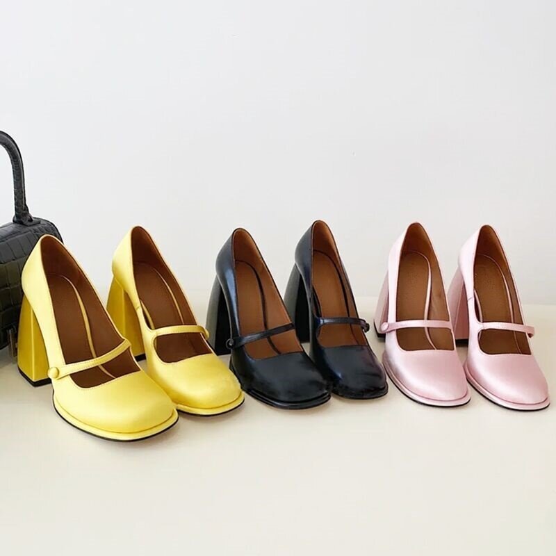 Mary Janes-zapatos de cuero con punta redonda para mujer, calzado de tacón cuadrado alto, retro, para fiesta, poco profundo, 2022