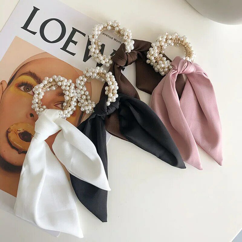 Pearl Streamer Hair Rope Fashion Accessories Women Solid Color High Elastic Beaded Bow Hair Ring Rubber Band Ribbon Tie Headwear