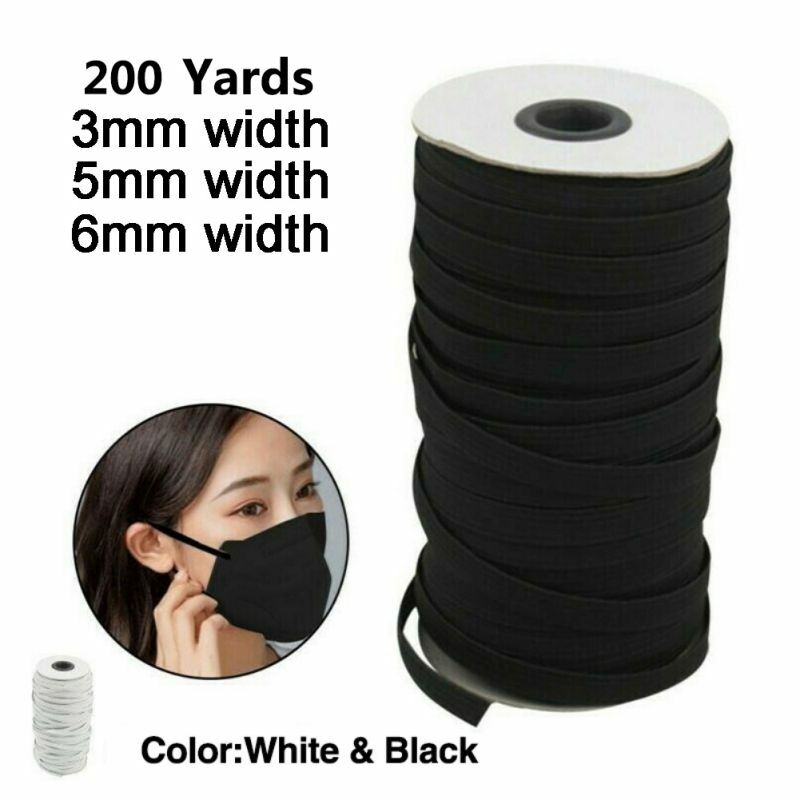 O  200 Yards Length DIY Flat Braided Elastic Band Cord Knit Band Sewing 1/8 1/6 1/4in  3mm/5mm/6mm Width Mask Accessories