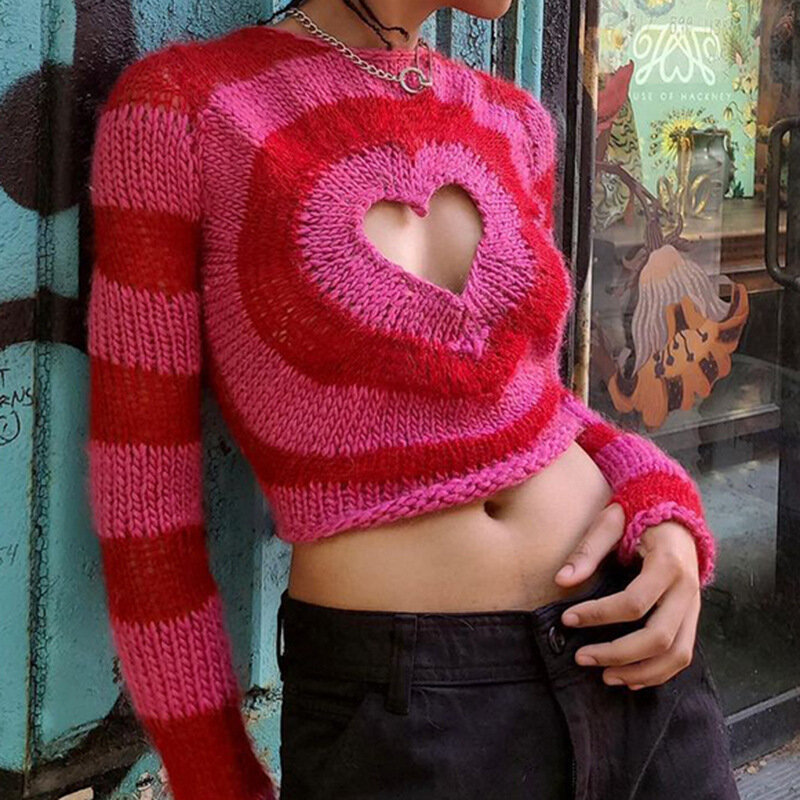 Y2k Sweter Mode Korea Warna Kontras Cinta Berongga Sweter Atasan Ramping Pendek Dipotong Pusar 2022 Tahun Baru Pakaian Wanita