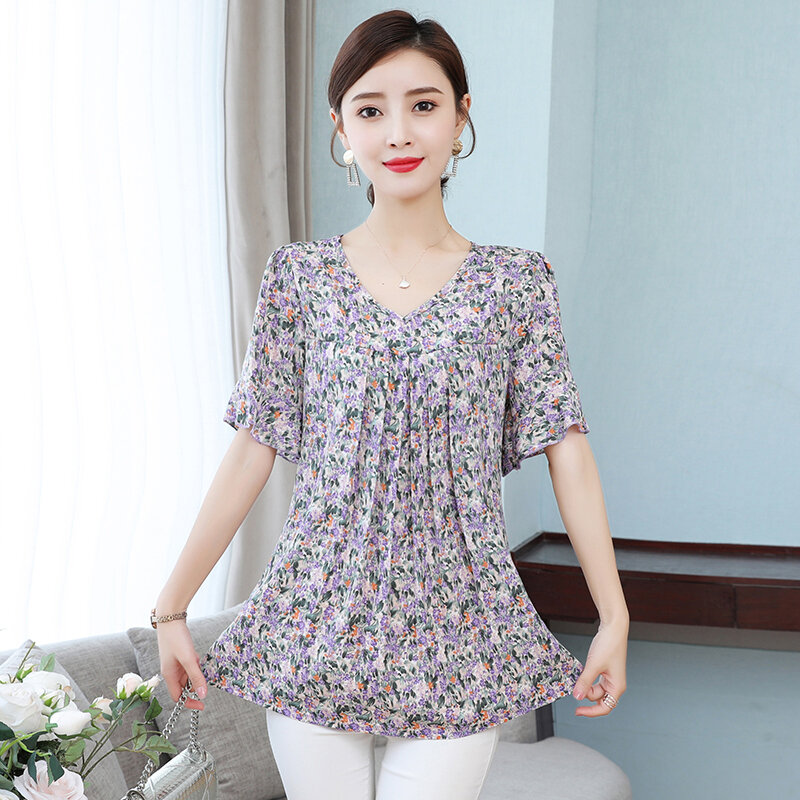 Bluzki Plus Size dla kobiet 5xl kwiatowy podwójna warstwa topy moda na co dzień z krótkim rękawem 2021 lato luźny dekolt w serek szyfonowe koszule